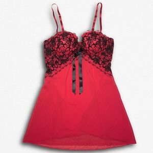 Red and Black Flocked Lace Babydoll Lingerie Set with Matching Thong G-String